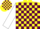Silk - yellow and maroon check, white sleeves, yellow and maroon check cap