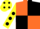 Silk - orange and black quartered, yellow sleeves, black spots, yellow cap, black spots
