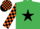 Silk - emerald green, black star, orange and black checked sleeves and cap