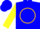 Silk - Blue, gold emblem in gold circle, blue hoops on yellow sleeves
