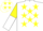 Silk - White, yellow stars, Yellow and white halved sleeves, White cap, Yellow stars