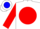 Silk - White, blue 'k' on red disc, blue bars on red sleeves