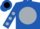 Silk - Royal blue, black 'mhf' and horse on silver disc, silver spots on sleeves