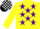 Silk - Yellow, purple stars, yellow sleeves, Black and White check cap