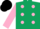 Silk - DARK GREEN, pink spots, pink sleeves, black cap