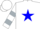 Silk - White, blue star, white 'mr', silver hoops on sleeves, white cap