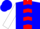 Silk - Blue, white 'm' on red panel, blue chevrons on white sleeves