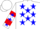 Silk - White, blue stars, red hooped sleeves, blue stars on white cap