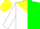 Silk - White and kelly green halves, yellow yoke, yellow bars on white sleeves, yellow cap