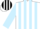 Silk - White, black squared framed and light blue emblem, light blue stripes on slvs