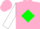 Silk - Pink, white emblem on green diamond, green & pink hoops on white sleeves