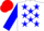 Silk - White, circled red and blue stars, blue 'p', blue sleeves, red cap