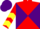 Silk - Red and purple diagonal quarters, red sleeves, yellow chevrons, purple cap, red visor