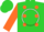 Silk - Lime green with orange dots down panel on front, orange 'jedd' inside white circle on back, orange sleeves