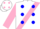 Silk - White, blue 'jc' on pink sash, blue dots on pink sleeves