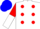 Silk - White, red dots, red circled 'lar', red and white halved sleeves, blue cap