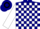 Silk - Navy blue and white quarter blocks on front and back, navy blue 'lr' on back, navy blue hoop on white sleeves