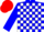 Silk - Blue & white blocks, blue sleeves,  red emblem on back, matching cap