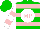 Silk - Green, pink 'mp' on white ball, white and pink hoops, white and pink bars on sleeves, green cap
