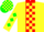 Silk - Yellow, red stripe, green and yellow blocks and 'pf' on red framed yellow shield, green diamonds on sleeves