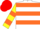 Silk - White, red, yellow and orange hoops, red, yellow and orange bars on sleeves, red cap