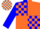 Silk - Blue and orange quarters, white 'bf', orange blocks on blue sleeves