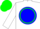 Silk - White, blue ball, green circle, white sleeves, green cuffs, green cap, white button