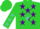 Silk - Lime green, purple stars inside turquoise sash on front, purple 'mttmg' in turquoise sash on back, turquoise stars on sleeves