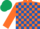 Silk - orange, royal blue check, orange sleeves, dark green cap