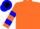 Silk - Orange, black 'mf' on blue ball, orange ball, blue bars on sleeves