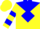 Silk - Yellow, blue triangular yoke, yellow 'l' on blue diamond, blue bars on sleeves