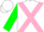 Silk - White, pink cross sashes, pink bars on green sleeves