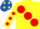 Silk - Yellow, large red spots, red spots on sleeves, royal blue cap, yellow spots