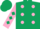 Silk - Dark green, pink spots, pink sleeves, dark green diamonds and cap