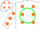 Silk - White, green circle, orange t, green & orange polka dots