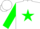 Silk - White, white 'jg' on green star, white 'garza' on green sleeves, white cap