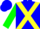 Silk - Blue, yellow 's' and cross sashes, yellow band on green sleeves, blue cap