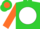 Silk - Lime green, orange polka-dots inside panel on front, orange 'jedd' inside white ball on back, orange sleeves