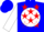 Silk - Blue, red emblem on white ball, red stars on white sleeves, blue cap
