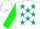 Silk - White, dark green stars, green cuffs on sleeves, white cap