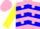 Silk - Pink, blue zigzag and yellow dot design, blue chevrons and pink dots on yellow sleeves, pink cap