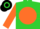 Silk - Lime green, black 'rj' in orange ball, orange hoop on slvs