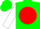 Silk - Green, white jd on red ball, white sleeves, green cap