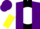 Silk - Purple, black panel, white ball, white and yellow halved sleeves, purple cap