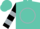 Silk - Turquoise, black 'ok' in silver circle, black and silver bars on sleeves