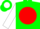 Silk - Green, white 'jd' on red ball, white sleeves