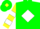 Silk - Green, yellow diamond in white diamond frame, yellow and white hoops on slvs