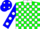 Silk - Green and white blocks, white collar, blue sleeves, white dots, blue cap, white dots