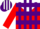 Silk - Red, white yoke, purple hoops, white and purple stripes on red sleeves