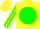 Silk - Yellow, orange 'q' on white dot on green ball, green diamond stripe on sleeves